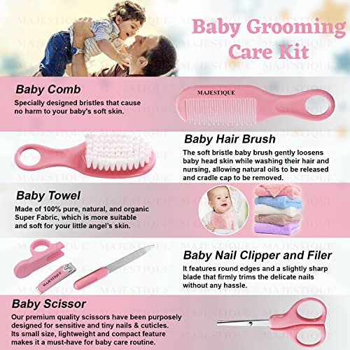 Majestique Baby Grooming Set - Baby Hair Brush, Comb, Nail Clipper, Nail File and Soft Baby Towel, Baby Products for New Born Baby Gifts Toddlers Infant Girl Boys Keep Clean (7 in 1 Pink) - Image 2
