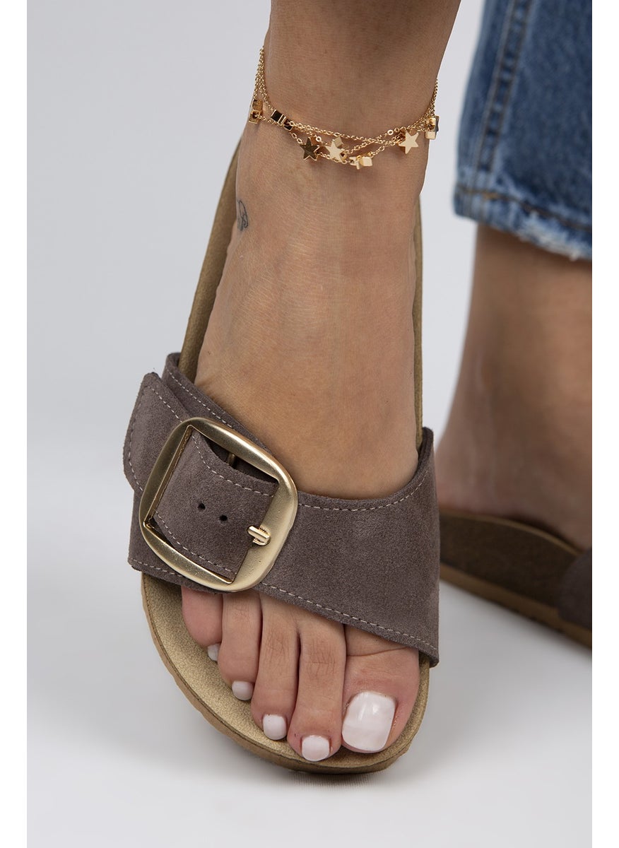 Manijero Jade Women's Leather Single Band Brown - Gold Slippers  - Image 3