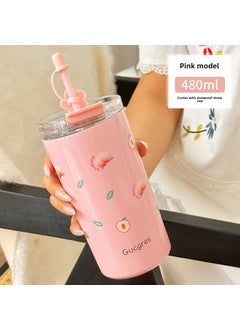 Camping Bear Stylish Stainless Mug With Straw Pink fart peach + eye patch + cup brush