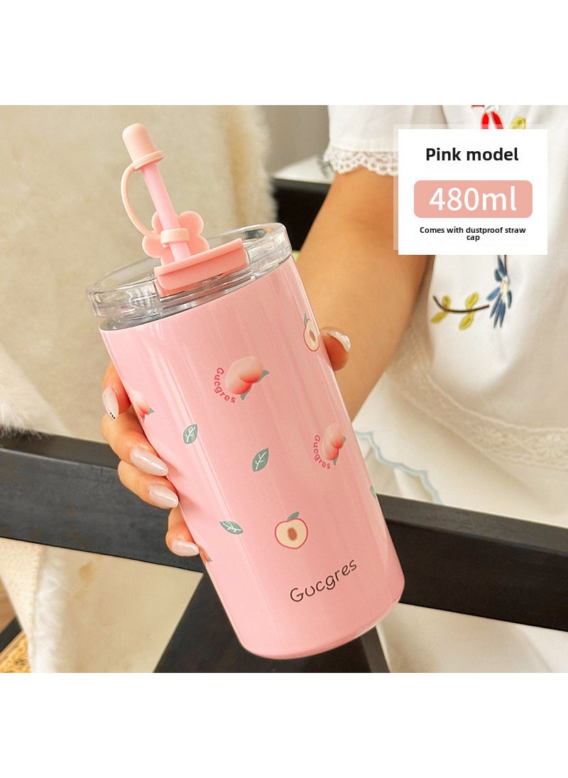 Generic - Camping Bear Stylish Stainless Mug With Straw Pink fart peach + eye patch + cup brush - Image 1