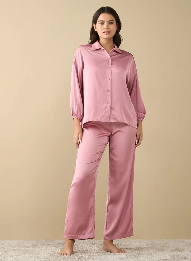 Splash FAV Solid Shirt with Long Sleeves and Pyjama Set