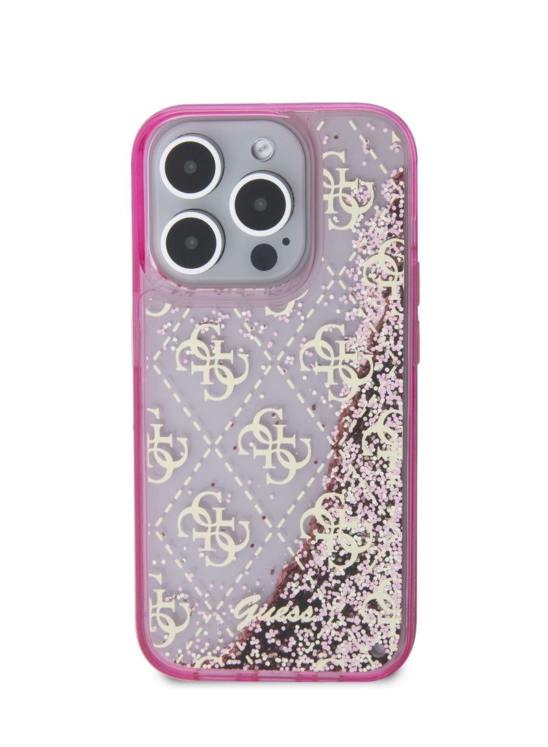 GUESS iPhone 15 Pro Case Liquid Glitter TPU Back Cover with 4G Pattern / Damage and Scratch Protection -Pink - Image 1