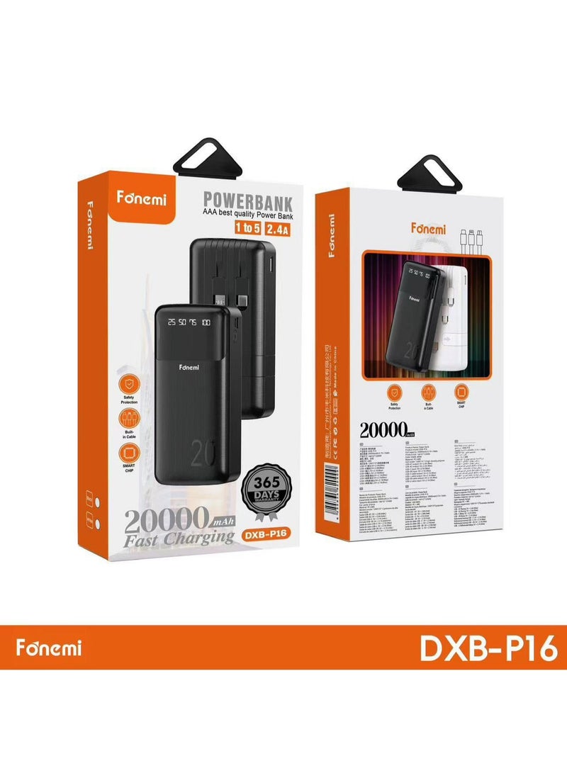 Fonemi DXB P16 20,000mAh Power Bank with Built in Cables & 2.4A Fast Charging - Image 3