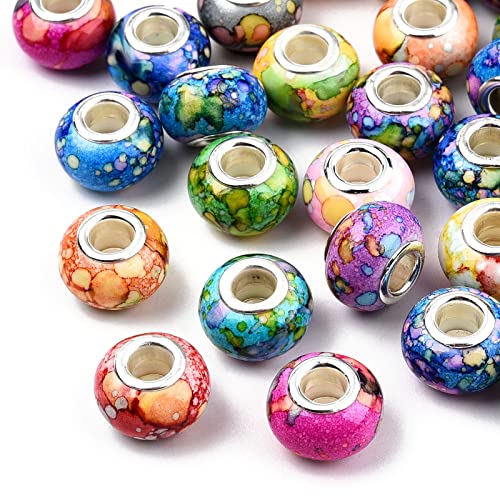 BB Beadthoven Beadthoven 100pcs Large Hole European Beads Watercolor Colorful Resin Rondelle Beads Charms with Silver Brass Cores European Charm fit Bracelet Necklace DIY Pens Jewelry Making Macrame Hair Braids - Image 1