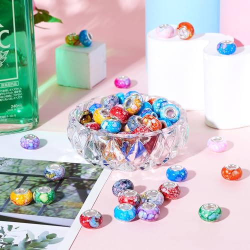BB Beadthoven Beadthoven 100pcs Large Hole European Beads Watercolor Colorful Resin Rondelle Beads Charms with Silver Brass Cores European Charm fit Bracelet Necklace DIY Pens Jewelry Making Macrame Hair Braids - Image 2