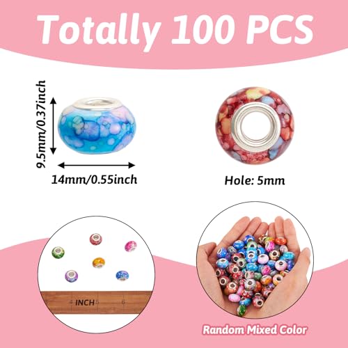 BB Beadthoven Beadthoven 100pcs Large Hole European Beads Watercolor Colorful Resin Rondelle Beads Charms with Silver Brass Cores European Charm fit Bracelet Necklace DIY Pens Jewelry Making Macrame Hair Braids - Image 3