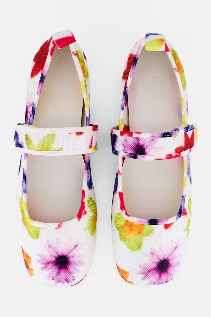 CHARLES & KEITH Women Floral Pattern Mary Janes Velcro Closure Flats, Multicolor  - Image 3