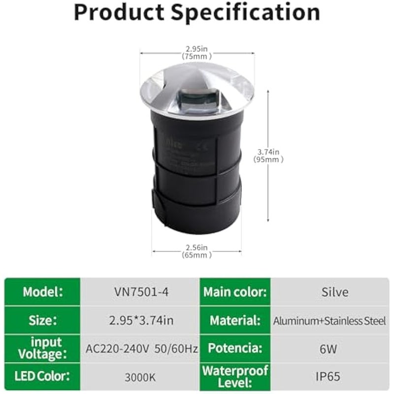 V.nice LED Underground Light, IP65 Waterproof In-Ground Landscape Spotlight, 6W 3000K/Blue, AC220-240V, Aluminum+Stainless Steel, for Outdoor Pathway, Driveway, Garden – VN/DM7501 Series - Image 2