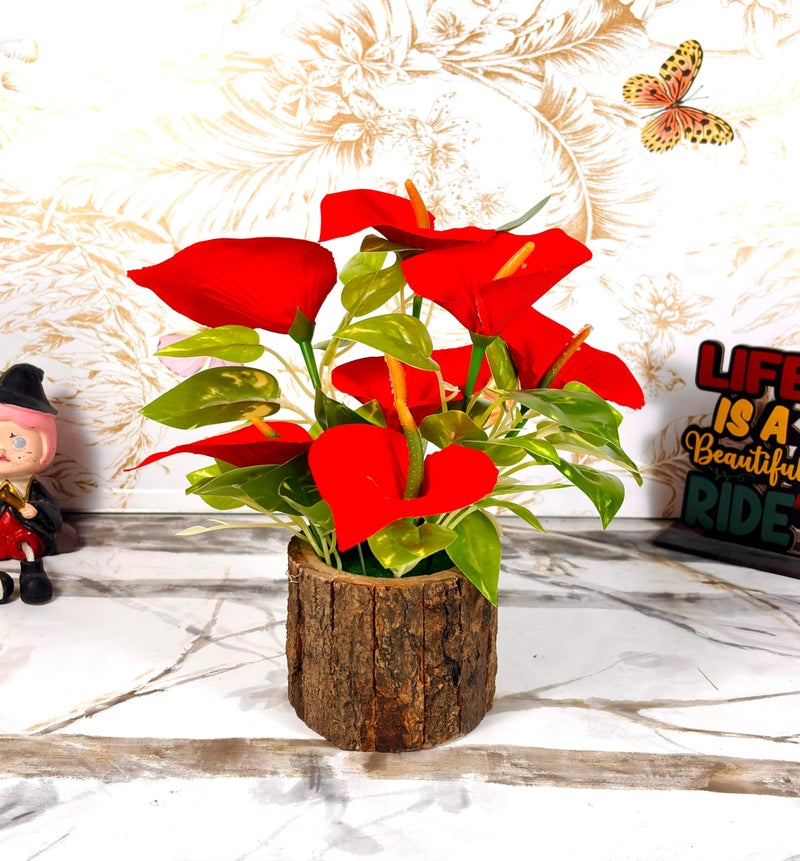 Dekorly Potted Plants Indoor Small Artificial Silk Plants Decor for Home Table Office Desk Bedroom Living Room Bathroom Shelf Farmhouse | Wooden Pot (Red, One Plant) - Image 5