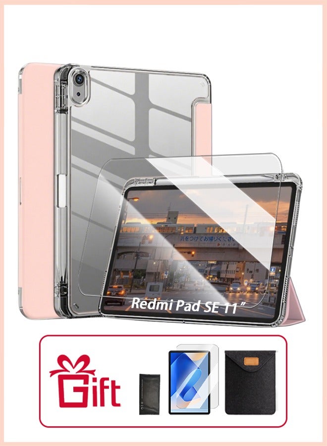 Redmi Pad SE 11 Inch Cover, For Redmi SE Cover With Pen Slot, Tpu Transparent Case Tri-Fold Stand Smart Wake-Up/ AED 23 Gift Set Anti-Glare Protective Film- Pink - Image 1