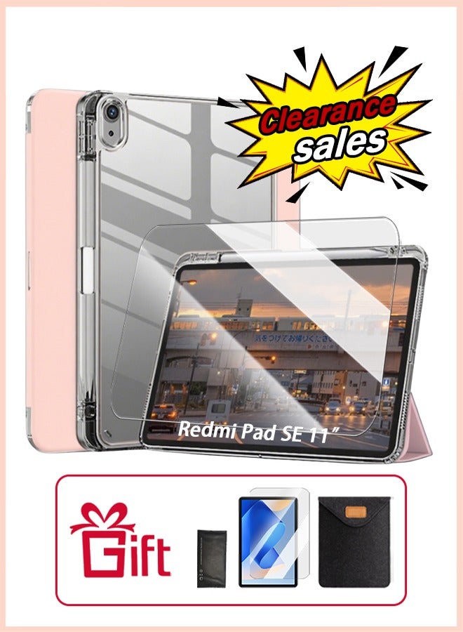 Redmi Pad SE 11 Inch Cover, For Redmi SE Cover With Pen Slot, Tpu Transparent Case Tri-Fold Stand Smart Wake-Up/ AED 23 Gift Set Anti-Glare Protective Film- Pink - Image 1