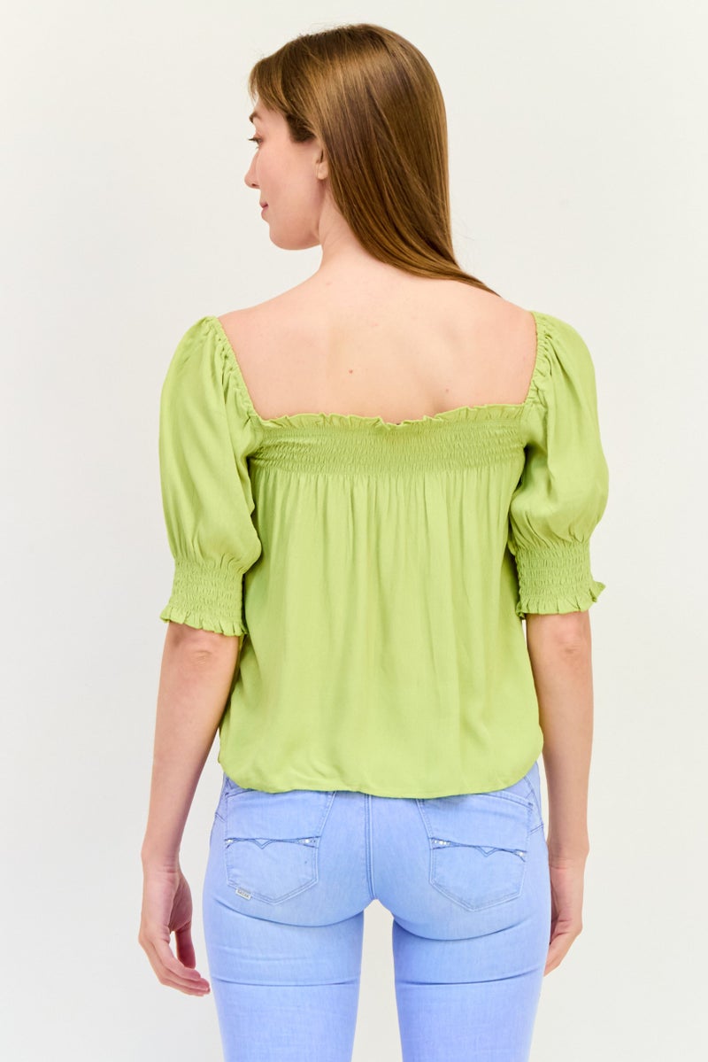 ONLY Women Square Neck Short Sleeves Ruched Blouse, Apple Green - Image 4