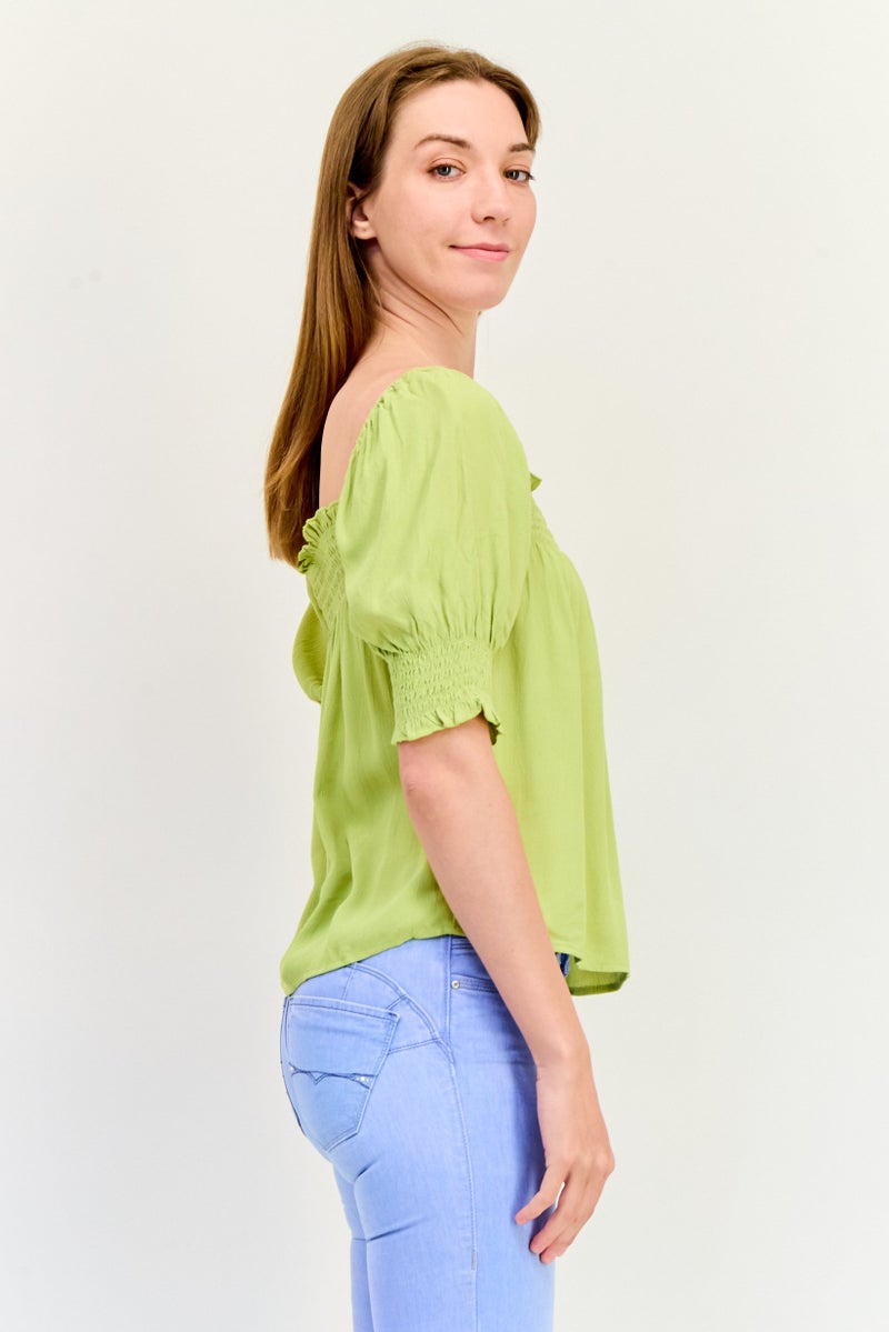 ONLY Women Square Neck Short Sleeves Ruched Blouse, Apple Green - Image 2