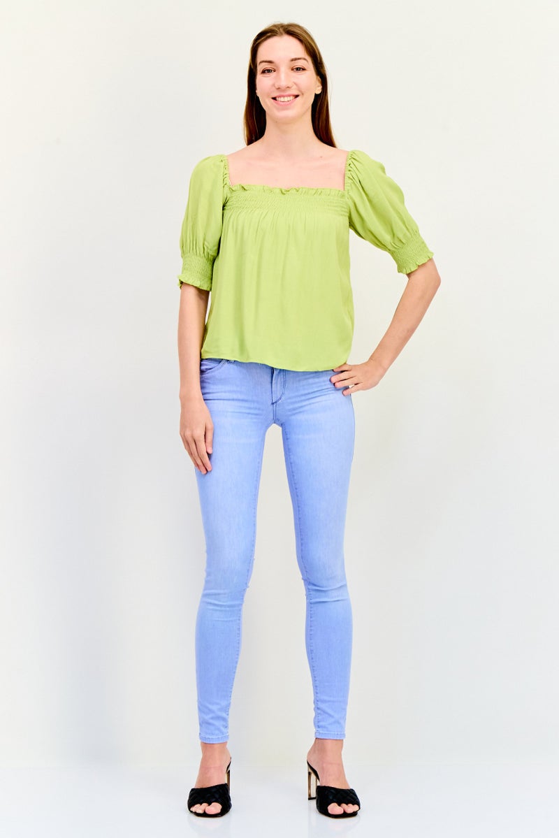 ONLY Women Square Neck Short Sleeves Ruched Blouse, Apple Green - Image 3