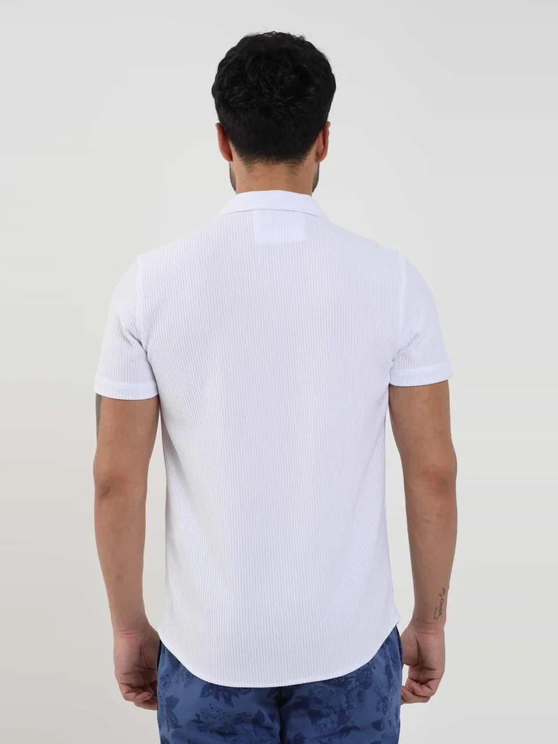 دوفي White Men's Slim Fit Ribbed Open Collar Short Sleeve Shirt - 107448