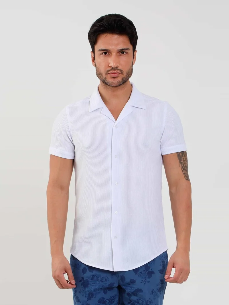 دوفي White Men's Slim Fit Ribbed Open Collar Short Sleeve Shirt - 107448