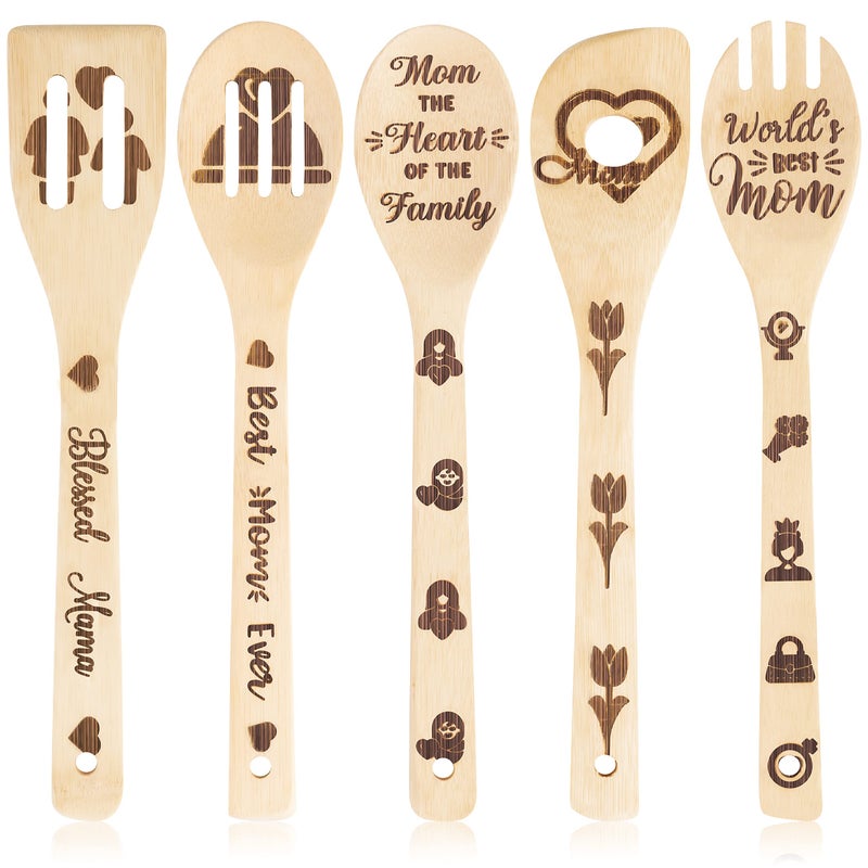 Eartim Mothers Day Wooden Spoons Utensils 5Pcs NonStick Cooking Spoon Utensils Set Carve Burned Bamboo Spoons Slotted Spatula Kitchen Cookware Gadget Decor Kit Mothers Day Moms Birthday Gift
