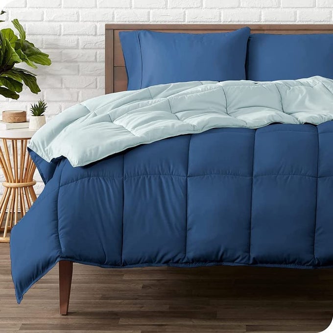 LUXURIOUS SOFT MICROFIBRE ALL WEATHER 220 GSM REVERSIBLE SINGLE BED COMFORTER BLANKET QUILT RAZAI 60X90 INCHES NAVY AND SKY BLUE