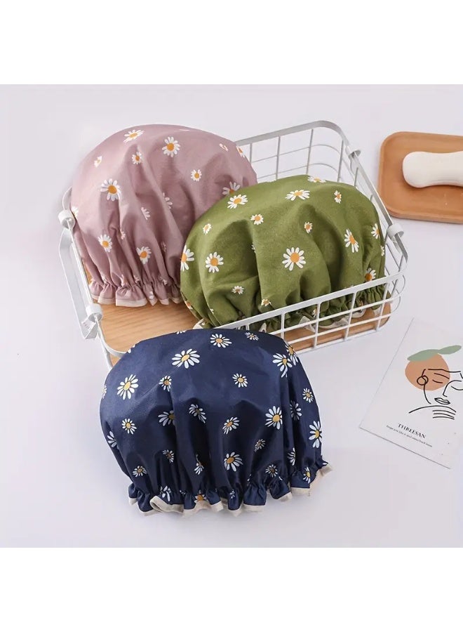 LANGMANNI 3pc Double Layer Shower Caps, Adjustable Printed Daisy Bonnet, Bath Caps Reusable Shower Caps Elastic Band Hair Hat for Women Ladies Spa Salon - Image 1