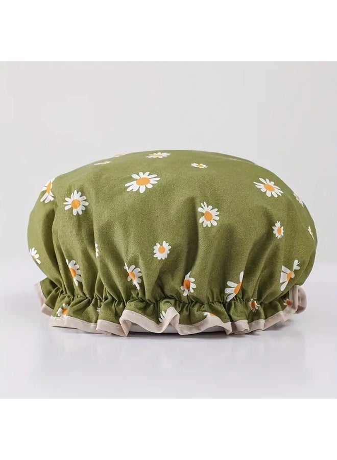 LANGMANNI 3pc Double Layer Shower Caps, Adjustable Printed Daisy Bonnet, Bath Caps Reusable Shower Caps Elastic Band Hair Hat for Women Ladies Spa Salon - Image 2