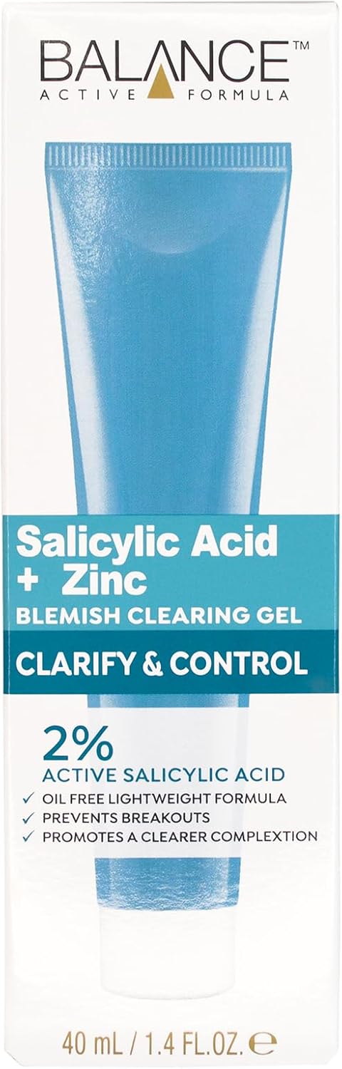 Balance Active Formula Salicylic Acid Blemish Clearing Gel 40ml OilFree Lightweight Formula with 2 Salicylic Acid Zinc Reduces Blackheads Blemishes Pores Promotes Clearer Complexion