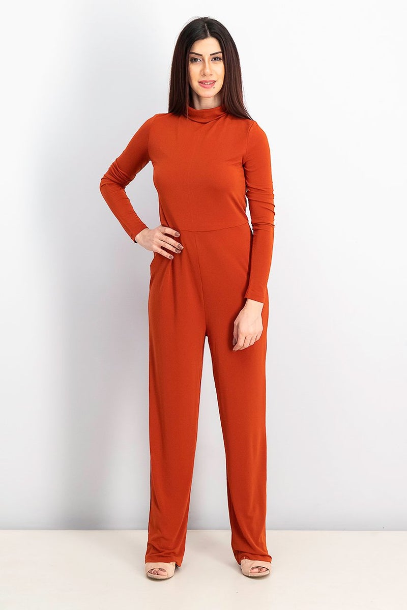 MANGO Women High Neck Plain Long Sleeve Jumpsuit, Rust - Image 1
