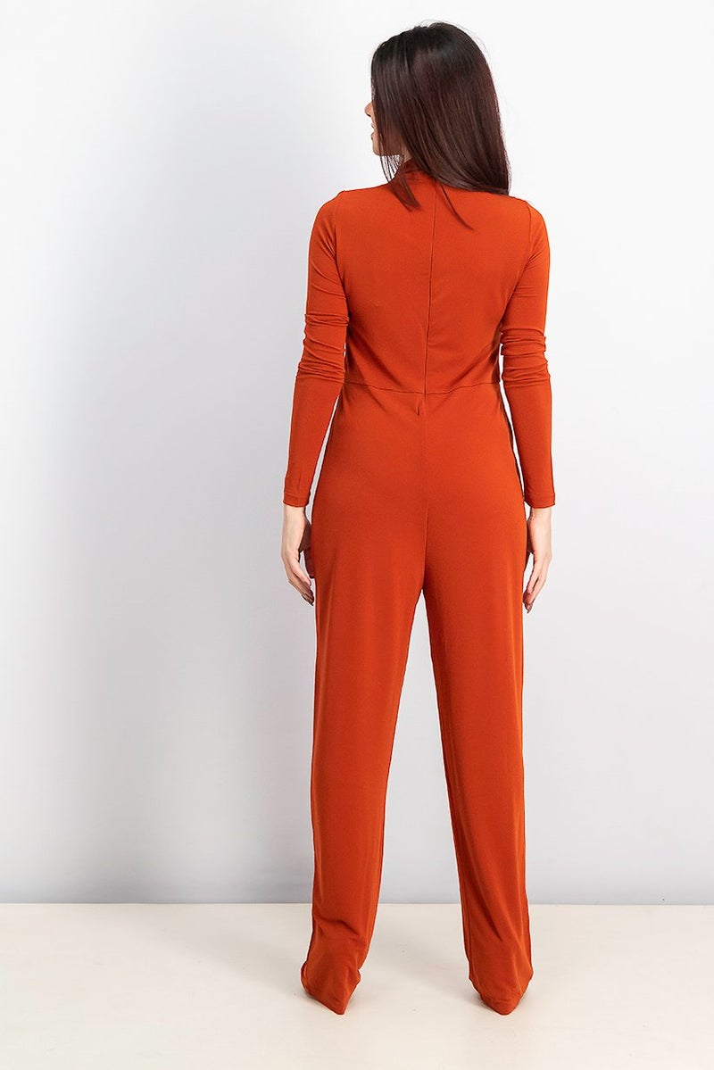 MANGO Women High Neck Plain Long Sleeve Jumpsuit, Rust - Image 3