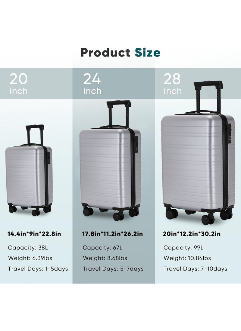 OHAHO Luggage Set 3-Piece Carry On Luggage ABS Material Hard Shell Suitcase with Wheels TSA Lock Scalable Trolley Luggage Bag 20/24/28 Inch （Silver）  - Image 2
