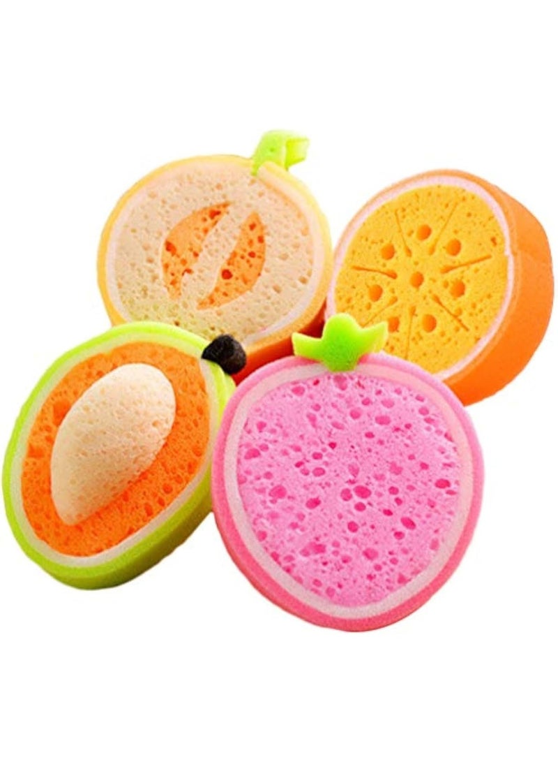 4 Pack Baby Bath Sponge, Fun Kid Bath Toys Sponges, Cute Fruits Shaped Bath Brushes Scrubbers, Soft Texture, Effectively Remove Dirt, Bathing Tools for Kids Bath Time Toys - Image 1