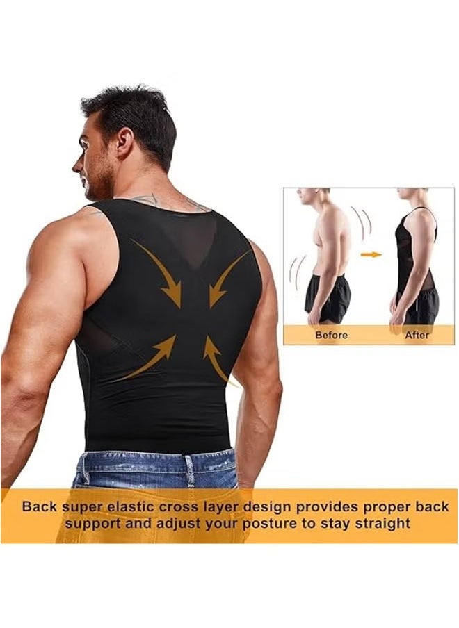 Realfrog Chest Compression Vest Men Body Shaper Sleeveless Posture Corrector Slimming Waist Control Tummy Trimmer Mesh Tops Compression Shirt for Men Slimming Undershirt Body Shaper Tank top Shapewear Vest(XL)  - Image 3