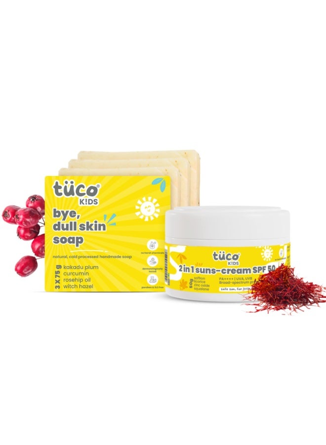 Tuco Kids Handmade Soap (75gx3) & Saffron Face Cream & Sunscreen (50g), Everyday Use for Ages 3+ Kids, Paraben & Sulphate Free - (Pack of 4) - Image 1