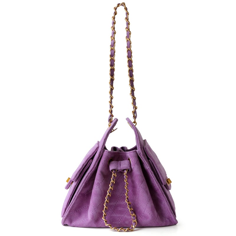 Sheepskin Suede Textured Commuter Quilted Underarm Bag With Vintage Chain And Drawstring For Women - Image 1
