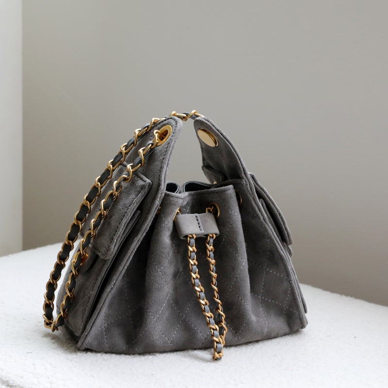 Sheepskin Suede Textured Commuter Quilted Underarm Bag With Vintage Chain And Drawstring For Women - Image 3