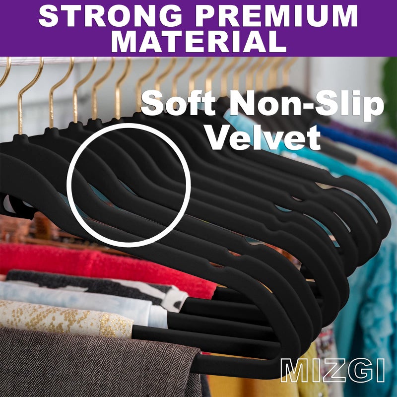 MIZGI Premium Velvet Hangers Pack 50 Pcs Heavyduty - Non Slip Slimline - Velvet Suit Hangers Black - Gold Hooks,Space Saving Clothes Hangers â€¦ - Image 2