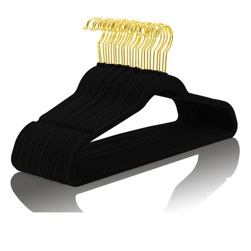 MIZGI Premium Velvet Hangers Pack 50 Pcs Heavyduty - Non Slip Slimline - Velvet Suit Hangers Black - Gold Hooks,Space Saving Clothes Hangers â€¦ - Image 1