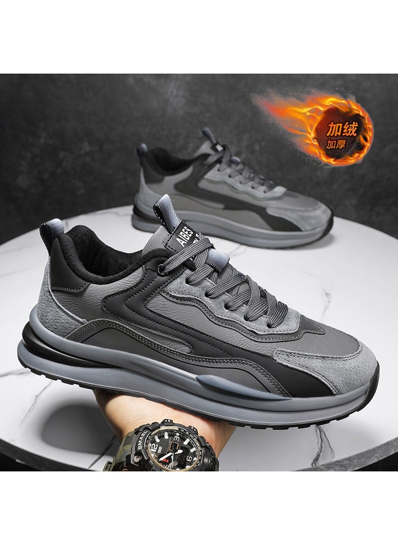 Generic 2024 New Mens Sneakers Autumn Winter Fleece-Lined Warm Cotton Casual Trendy Shoes Rubber Sole Adult Leisure Footwear Dark gray (velvet version) 