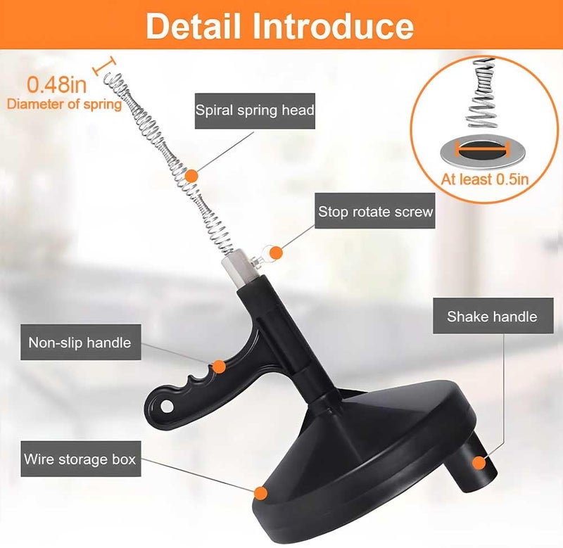FLSEPAMB Drain Auger 25 Ft Plumbing Snake Snake Drain Clog Remove Tool Professional Sink Snake for Bathtub Drain, Kitchen Sink, Comes with Gloves and 25 Inch Snake Hair Clog Remover - Image 2