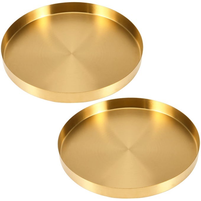 2 Pack 12 Inch Round Gold Storage Trays 30cm Stainless Steel Circle Decorative Tray Vanity Storage Organizer Serving Tray for Jewelry Coffee Table Bar Kitchen Countertop Bathroom Tableware