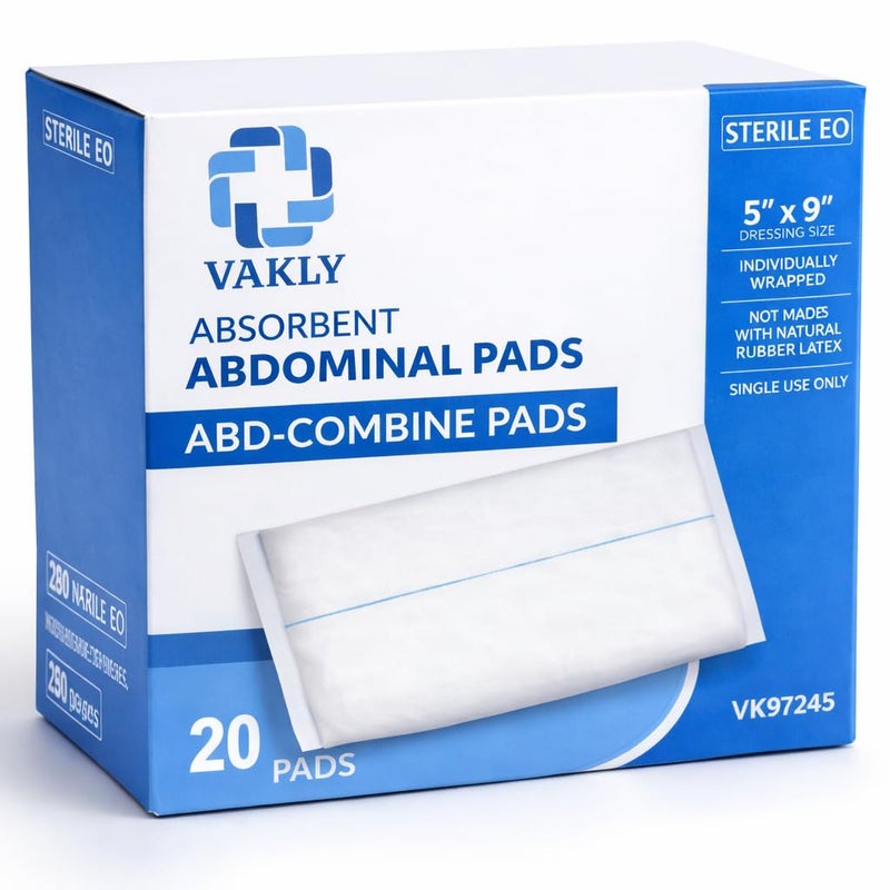 Vakly ABD Pads 5x9 Sterile (20 Pack) â€“ Abdominal Combine Gauze Pads, High Absorbency Non-Adherent Wound Dressing for Heavy Drainage & First Aid, Individually Wrapped - Image 1
