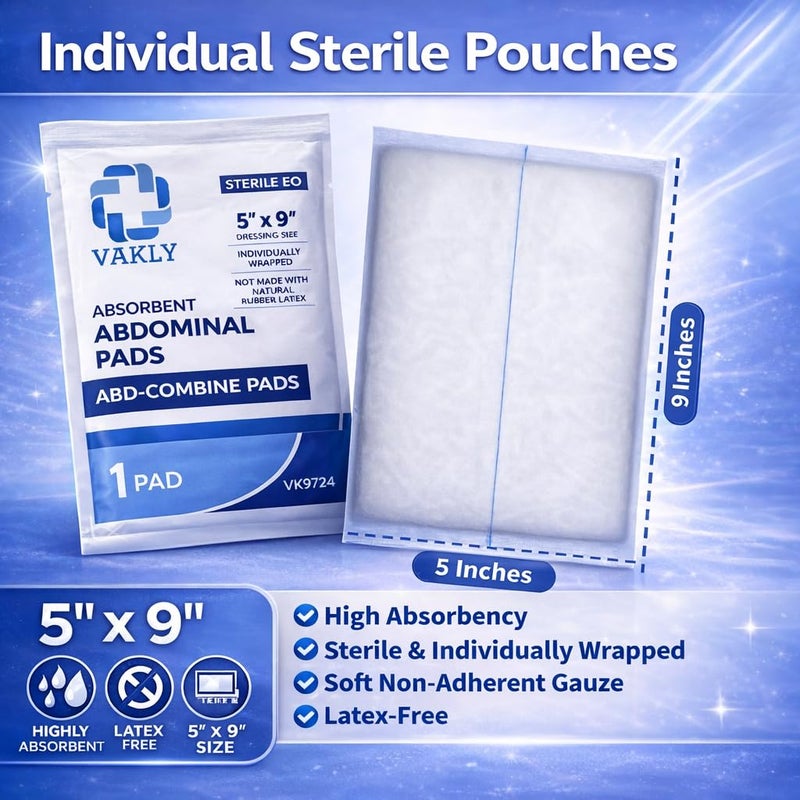 Vakly ABD Pads 5x9 Sterile (20 Pack) â€“ Abdominal Combine Gauze Pads, High Absorbency Non-Adherent Wound Dressing for Heavy Drainage & First Aid, Individually Wrapped - Image 2