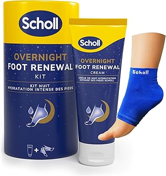 Scholl Overnight Renewal Kit Footcare Cream 60 ml Reusable Gel Heel Sleeves 1 Pair Moisturise Dry Feet Visible Results in 1 Night Contains 5 Urea and Shea Butter Podiatrist Approved - Image 1