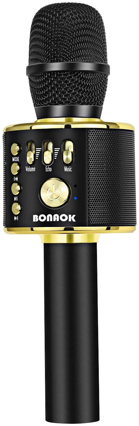 ميكروفون كاريوكي لاسلكي بلوتوث BONAOK 3 في 1 ميكروفون محمول يدوي مكبر صوت لجهاز ذكي هدايا للبنات والأولاد والأطفال والبالغين من جميع الأعمار Q37أسود ذهبي