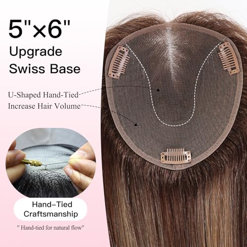 EMMOR 14 Inch Human Hair Topper for Women 5 6 Upgrade Swiss Lace Base with 3 NonSlip Clips 100 Real Hair Toppers for Thinning Hair Natural LookingMixed Brown - Image 3