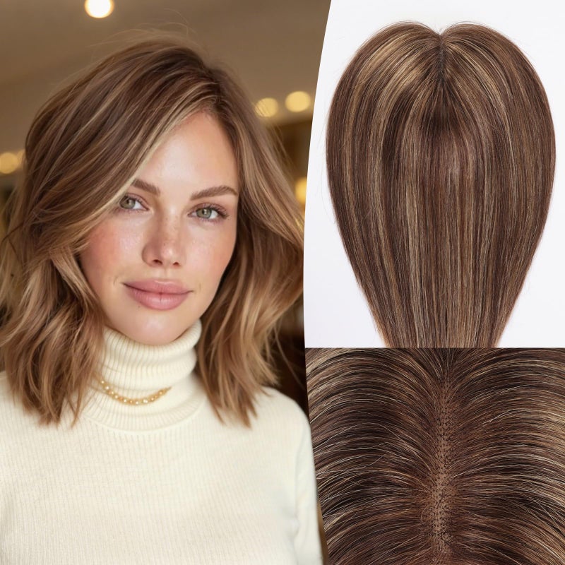 EMMOR 14 Inch Human Hair Topper for Women 5 6 Upgrade Swiss Lace Base with 3 NonSlip Clips 100 Real Hair Toppers for Thinning Hair Natural LookingMixed Brown - Image 2