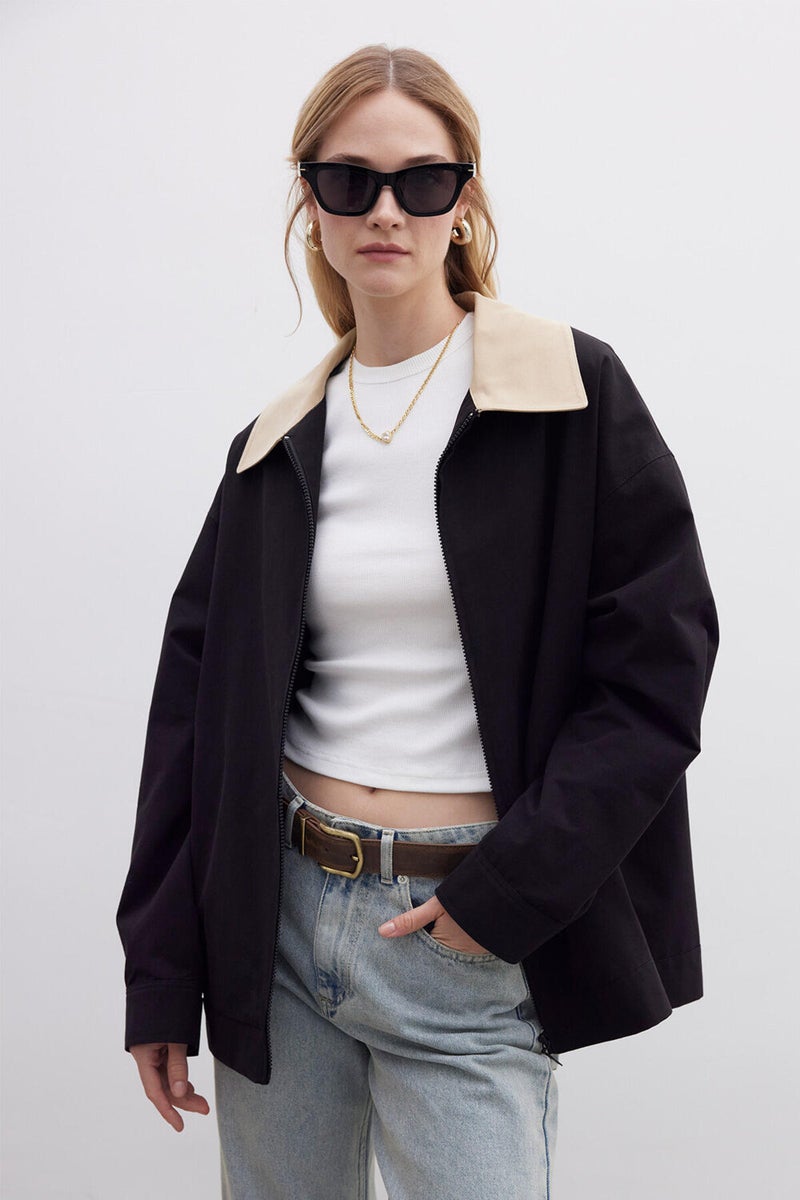 Manuka Contrast Collar Gabardine Jacket Black  - Image 1