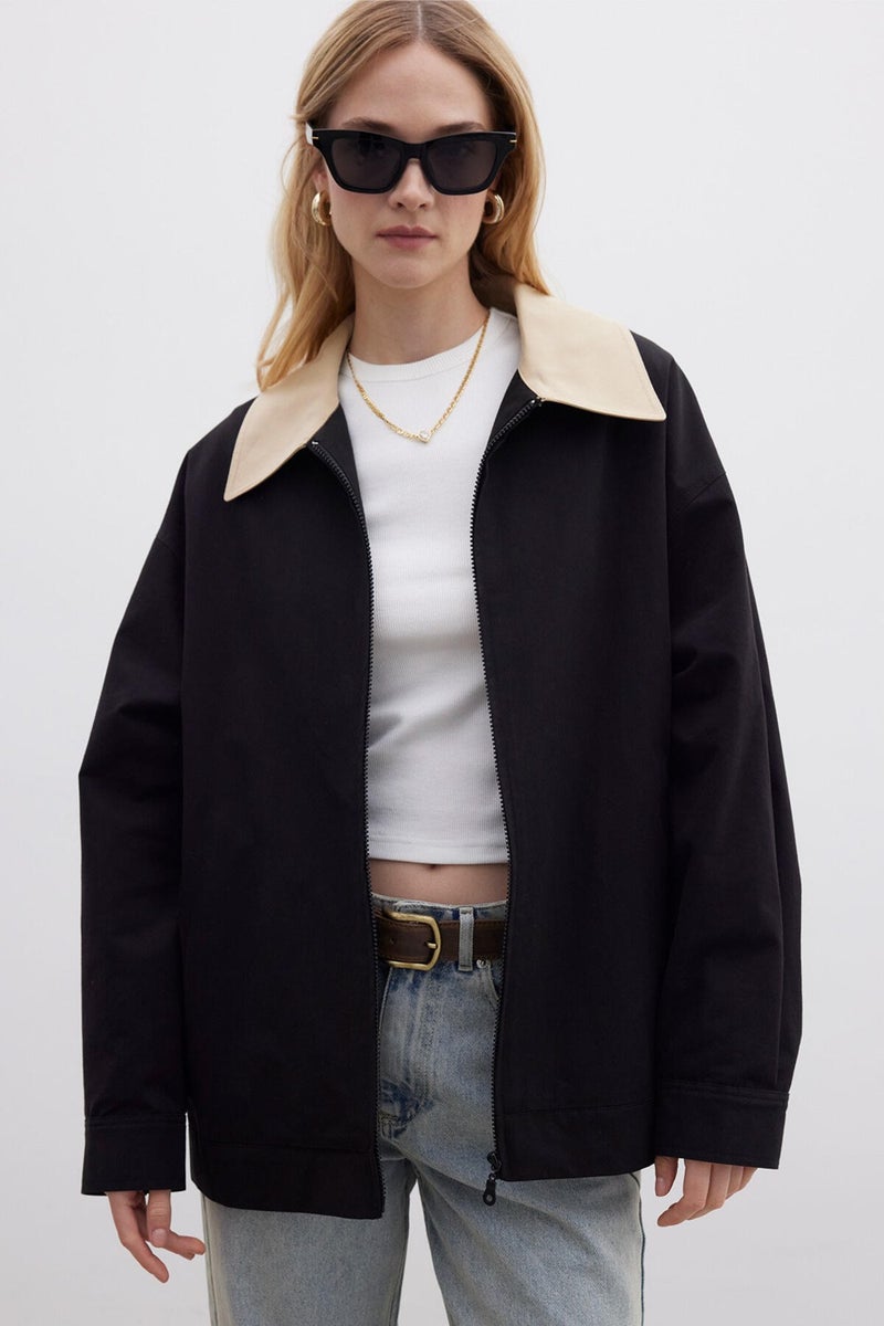 Manuka Contrast Collar Gabardine Jacket Black  - Image 3
