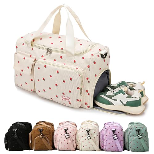 Aikelai Strawberry Duffel Bag for GirlsCorduroy Gym Bag with Shoe Compartment Wet PocketCute Travel Weekend Overnight Dance Bag for Teens green - Image 1