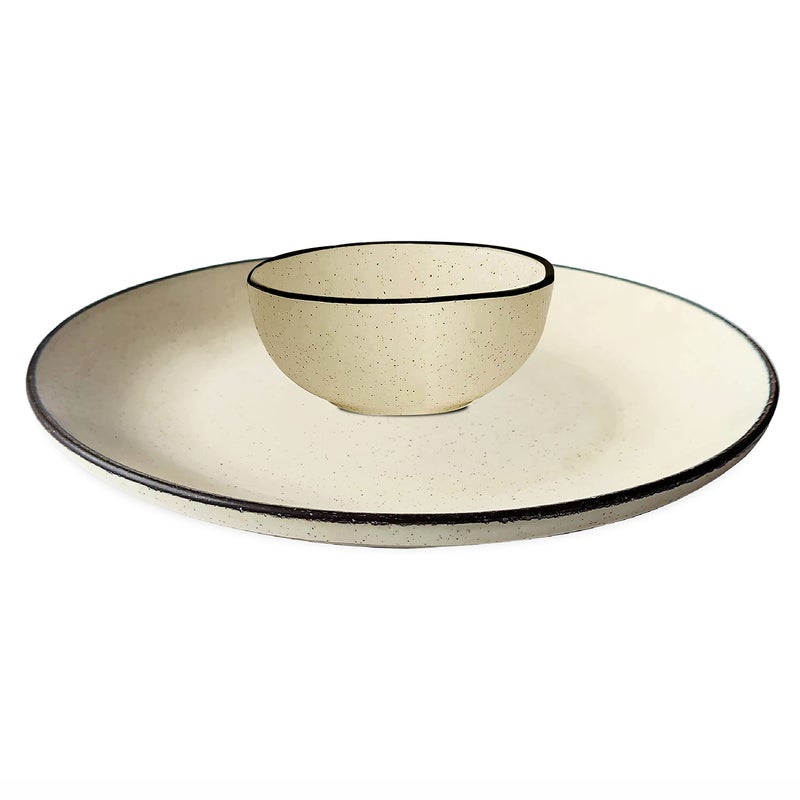 Pure Source India Ceramic Dinner Plate with Bowl Set of 2 Pieces (Ivory White Dotted, 10 inches) - Image 1