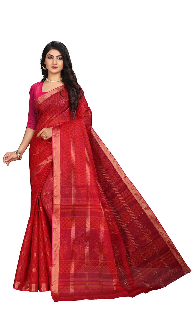 RATAN Pure Cotton Printed Mul Mul Saree for Women without Blouse Piece (BLR-2102_Red) - Image 1
