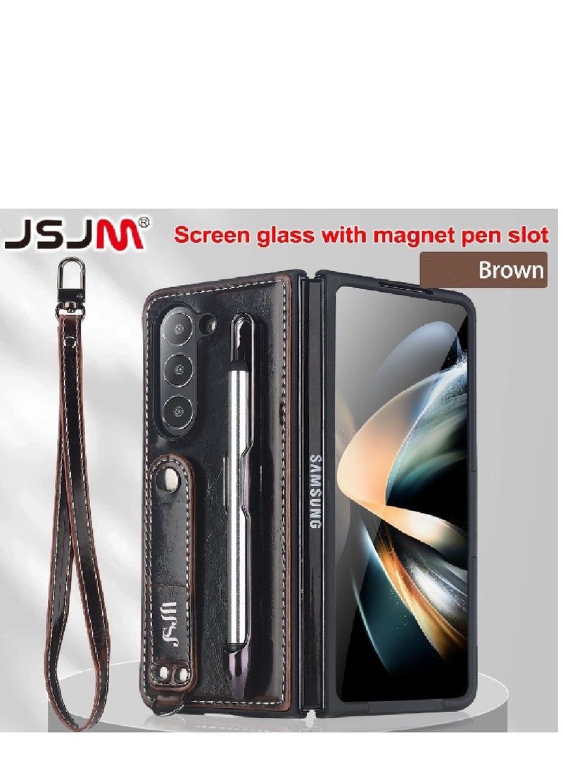 JSJM GALAXY FOLD 5 - JSJM BOOK LEATHER With GRIP + GLASS FOR SAMSUNG GALAXY FOLD 5 ( Design - 126) [ Brown Color ] - Image 1